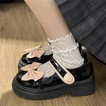 pink Sweet Bowknot lolita Shoes Womens 2024 Ankle Strap Platform Lolita Shoes Woman Heart Buckle Thick Bottom Mary Janes 4.5 чёрный