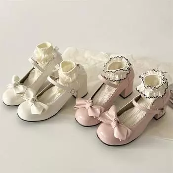 Pink Sweet Lolita Mary Janes Shoes Women Japanese Princess Kawaii Low Heels Pumps Girls Cute Bowtie Ankle Straps party Shoes 35 розовый
