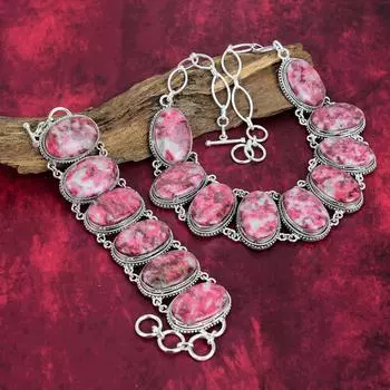 Ювелирные изделия с розовым тулитом. Браслет и ожерелье из стерлингового серебра 925 пробы, красивый комплект ювелирных изделий ручной работы из натурального камня для сестры Adjustable With 8 -18 розовый