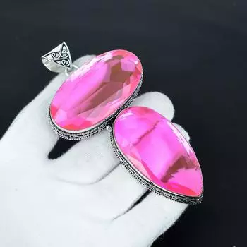 Pink Tourmaline Giant Size Gemstone Handmade 925 Sterling Silver Jewelry Pendant, Big Size Pendant For Gifts , Double Tourmaline Gemstone Pendant 2.54 розовый