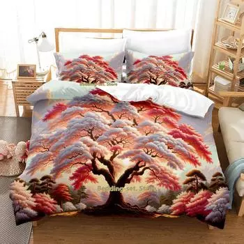 Pink trees Artistic Landscape Bedding Set Single Twin Full Queen King Size Bed Set Adult Kid Bedroom Duvetcover Sets Bed Sh AU Single(140x210cm)