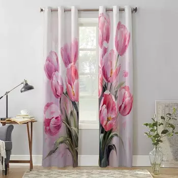 Pink Tulips Oil Painting Abstract Window Curtains for Living Room Bedroom Curtain Modern Kitchen Blinds Drapes Curtains 135W x 60H(cm) x1