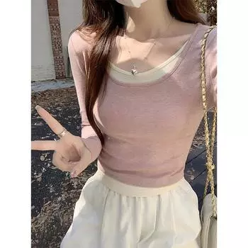 Pink U-neck pure lust style fake two-piece long-sleeved T-shirt for women in autumn and winter with irregular color matching slim fit inner top S