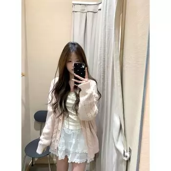Pink V-neck Sweater Outerwear Women Spring and Autumn Loose Idle Style Twist Knit cardigan Early Spring New 2025 Top Pink L