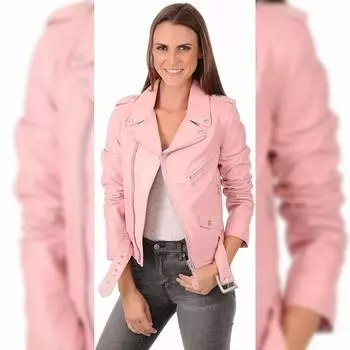 Женская розовая натуральная кожа ягненка стильная куртка байкерская мотоциклетная куртка с поясом XS розовый