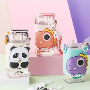 PINKAH Летний новый мультяшный милый кожаный чехол для двойной питьевой пластиковой чашки для воды портативный ремешок квадратный чайник с трубочкой 520 мл 520ml белый