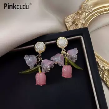 Pinkdudu 2023 милые розовые, розовые, зеленые серьги в виде листьев, модные креативные серебряные серьги с иглами и цветами для женщин, ювелирные изделия PD1459 Pink розовый