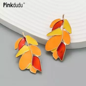 Pinkdudu 2023 модные серьги-гвоздики с оранжевым листом в стиле ретро, преувеличенные креативные 3 цвета, эмалированные серьги с растениями для женщин, ювелирные изделия PD1503 Orange оранжевый