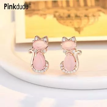 Pinkdudu элегантные розовые серьги-гвоздики со стразами в форме кота и бантом, модные креативные серьги из розового золота с покрытием для женщин, ювелирные изделия PD1388 розовый