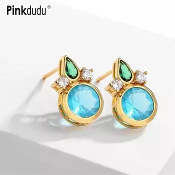 Pinkdudu круглые серьги-гвоздики с синими стразами, романтические роскошные геометрические медные серьги темперамента для женщин PD1434