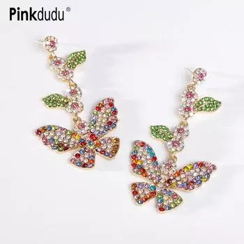 Pinkdudu милые розовые длинные серьги-капли с бабочкой, романтические разноцветные серьги в виде листьев для женщин, ювелирные изделия PD1512