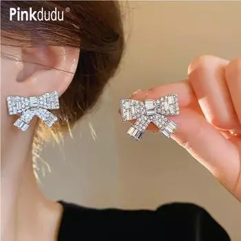 Pinkdudu модные элегантные серьги-гвоздики со стразами и бантом, милые блестящие серьги с цирконием для женщин, ювелирные изделия для свадебной вечеринки, подарок PD1888 серебряный