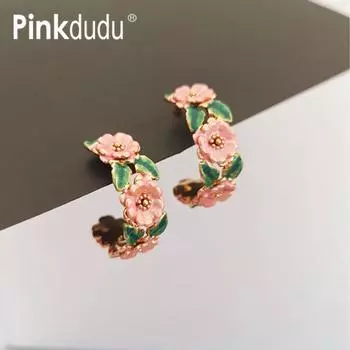 PINKDUDU модные эмалированные серьги с цветком C-образной формы, индивидуальные элегантные рельефные серьги-гвоздики для девочек, ювелирные изделия, подарок PD1896