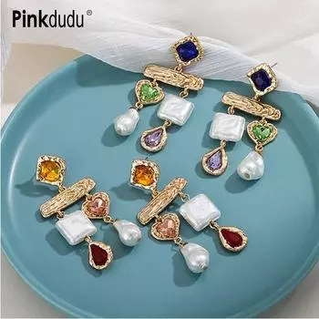 Pinkdudu модные асимметричные 3 цвета стеклянные серьги-капли роскошные серьги с искусственным жемчугом темпераментные серьги для женщин ювелирные изделия PD1517 Blue синий