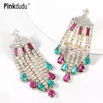 Pinkdudu модные этнические 2 цвета висячие серьги с кисточками преувеличенные многоцветные серьги-капли со стразами для женщин ювелирные изделия PD667 серебряный