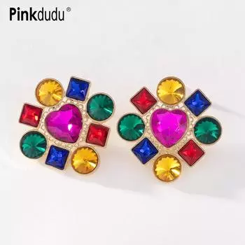 Pinkdudu модные многоцветные серьги-гвоздики со стразами, креативный дизайн, большие серьги с геометрическим рисунком для женщин, подарки PD1174