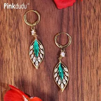 Pinkdudu модные простые серьги с зелеными листьями, романтические легкие роскошные серьги с инкрустацией цирконием и каплями воды для женщин, ювелирные изделия PD1479 зелёный