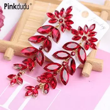 Pinkdudu модные серьги-капли со стразами и длинными листьями, роскошные романтические 4 цвета, серьги с кисточками для женщин, ювелирные изделия PD1566 Red красный