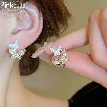 Pinkdudu Новые блестящие серьги-подвески в корейском стиле с подвеской-бабочкой, милые позолоченные латунные серьги-ракушки PD1898
