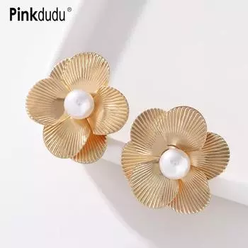 Pinkdudu простые золотые серьги с искусственным жемчугом, модные креативные металлические серьги-гвоздики с 6 лепестками для женщин, ювелирные изделия, подарки PD707 золотой