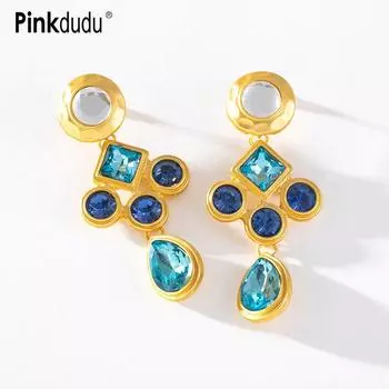 Pinkdudu романтические винтажные синие стразы со стразами, серьги-подвески с колокольчиками, модные роскошные геометрические серьги для женщин, ювелирные изделия PD1390
