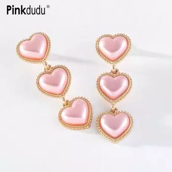 Pinkdudu винтажные розовые длинные висячие серьги с искусственным жемчугом и сердцем, романтические простые геометрические серьги для женщин, ювелирные изделия PD1416 розовый