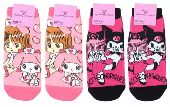 Pinoko x My Melody Kuromi Socks Set of 4 Pink 2 Pose Black 2 Small Planet & Women s (Медсестринские пары, пары)
