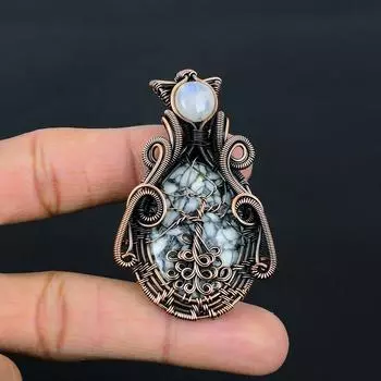 Пинолит и лунный камень, драгоценные камни, кулон ручной работы из чистой медной проволоки, обернутый ювелирными изделиями на День Благодарения 2.56 Inches белый
