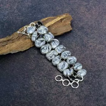 Pinolith, черный шпинельный браслет, 925 стерлингового серебра браслет ручной работы драгоценные камни ювелирные изделия, подарки для жены абсолютно новый браслет Adjustable with 8 inches чёрный