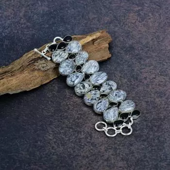 Pinolith, черный шпинельный браслет, 925 стерлингового серебра браслет ручной работы драгоценные камни ювелирные изделия, подарки для жены абсолютно новый браслет Adjustable with 8 inches белый