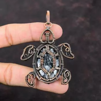 Подвеска из яшмы Pinolith, обернутая медной проволокой, подвеска ручной работы в виде черепахи, ювелирное изделие из медной проволоки, подвеска из драгоценного камня для подарка, дизайнерские украшения