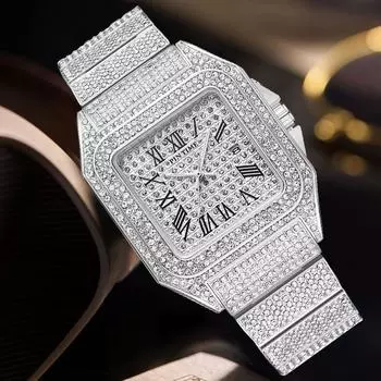 PINTIME Бренд Square Мужские кварцевые часы Ice Out Luxury Full Diamond Ультратонкие водонепроницаемые наручные часы в стиле хип-хоп