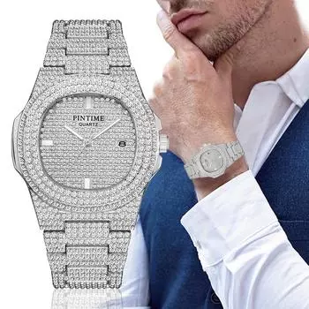 PINTIME Роскошные квадратные мужские часы с датой, водонепроницаемые, сверкающие бриллиантовые наручные часы в стиле ретро, кварцевые часы