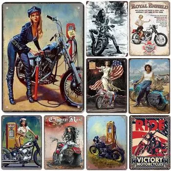 Pinup Мотоцикл Металлические Знаки Настенные Украшения Винтажные Художественные Плакаты Железная Живопись для Мужской Пещеры Домашнего Кафе Сада Клуба Бара L золотистый