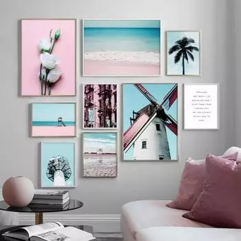 Pinwheel роза розовый пляж скандинавский холст и напечатанная настенная живопись гостиная спальня семейная декоративная живопись 21*30cm No Frame