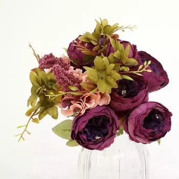 Пион 13-головочный в европейском стиле, имитация цветка, букет осенних пионов с обмоткой сердцевины, украшение для дома, реквизит для съемки, свадебные шелковые цветы темно-фиолетового