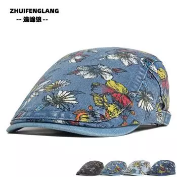Пионы цветок потертый деним берет женский этнический стиль принт кепка повседневная шляпа художника шляпа прилив вперед adjustable чёрный