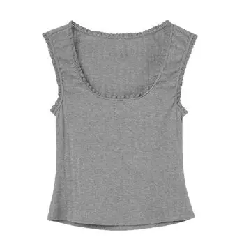 Piooni Gray Sun-Top Vest Women s Summer Outwear Basic Style Lace Lace Patchwork Stretch Slim Looking Tops Grey S