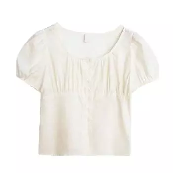 Piooni Южная Корея Инс Лето Французский Нежный Молочный Абрикосовый круглый вырез Однобортная Рубашка Топ с коротким коротким рукавом Женщины Meters apricot S