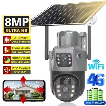 PIR Солнечная камера 4G Sim Открытый двойной объектив Wi-Fi 8MP 4K IP Camara Солнечная панель CCTV V380 Pro Защита безопасности Встроенный аккумулятор