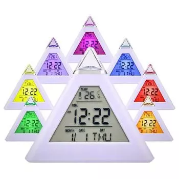 Пирамида цифровой будильник LED 7 цветов меняющий стол прикроватный будильник с календарем термометра