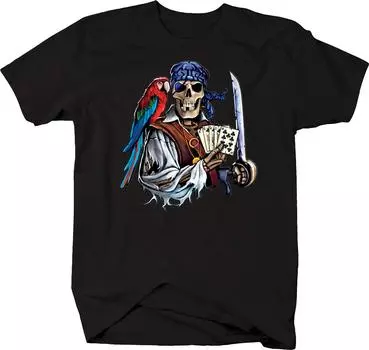Пират Скелтон с игральными картами и мечом Попугай Человек Футболка с коротким рукавом Футболка с принтом Футболки