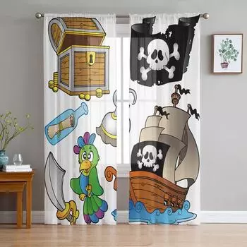 Пиратский корабль, мультяшный попугай, прозрачные шторы, тюлевые шторы для гостиной, окна, спальни, кухни, украшения дома, вуаль, шторы W135 x H115cm x1