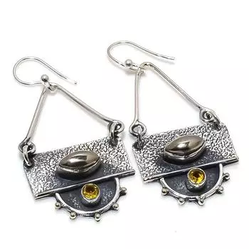 Пирит, цитрин драгоценный камень серьги ручной работы из серебра 925 пробы 2.17 JCE481-73