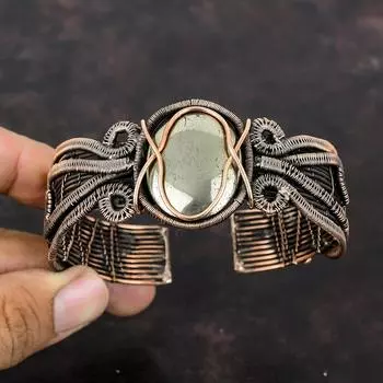 Пирит, драгоценный камень, браслет, браслет-манжета из медной проволоки, регулируемый браслет, браслет-манжета ручной работы, браслет-манжета из медной проволоки, ювелирный браслет для женщин