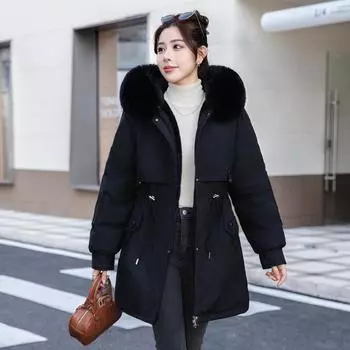 Пирог большого размера превосходит женскую одежду средней и большой длины с хлопковой подкладкой, зимняя новая корейская версия модной одежды с хлопковой подкладкой, с начесом и утолщением M чёрный