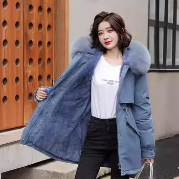 Пирог преодолевает зимнюю одежду 2024 года, новая пуховая хлопковая утепленная одежда женская средняя длинная версия, свободная куртка большого размера с хлопковой подкладкой прилив M королевский синий