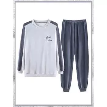 Письменный принт Повседневная мода Универсальная мужская пижама Осень Зима Новая одежда для сна Теплая мягкая Простая корейская пижама для мужчин L