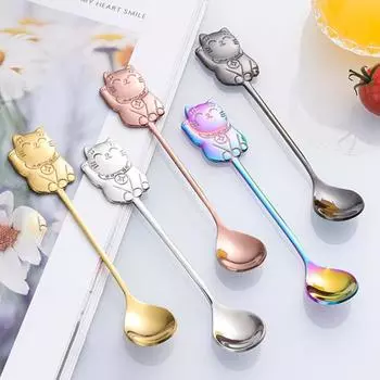 Пищевая кофейная ложка из нержавеющей стали 304, эргономичная ручка, ложка для перемешивания Lucky Cat, принадлежности для вечеринок серебряный