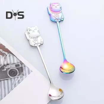 Пищевая кофейная ложка из нержавеющей стали, утолщенная 304, эргономичная ручка, ложка для перемешивания Lucky Cat, принадлежности для вечеринок серебряный